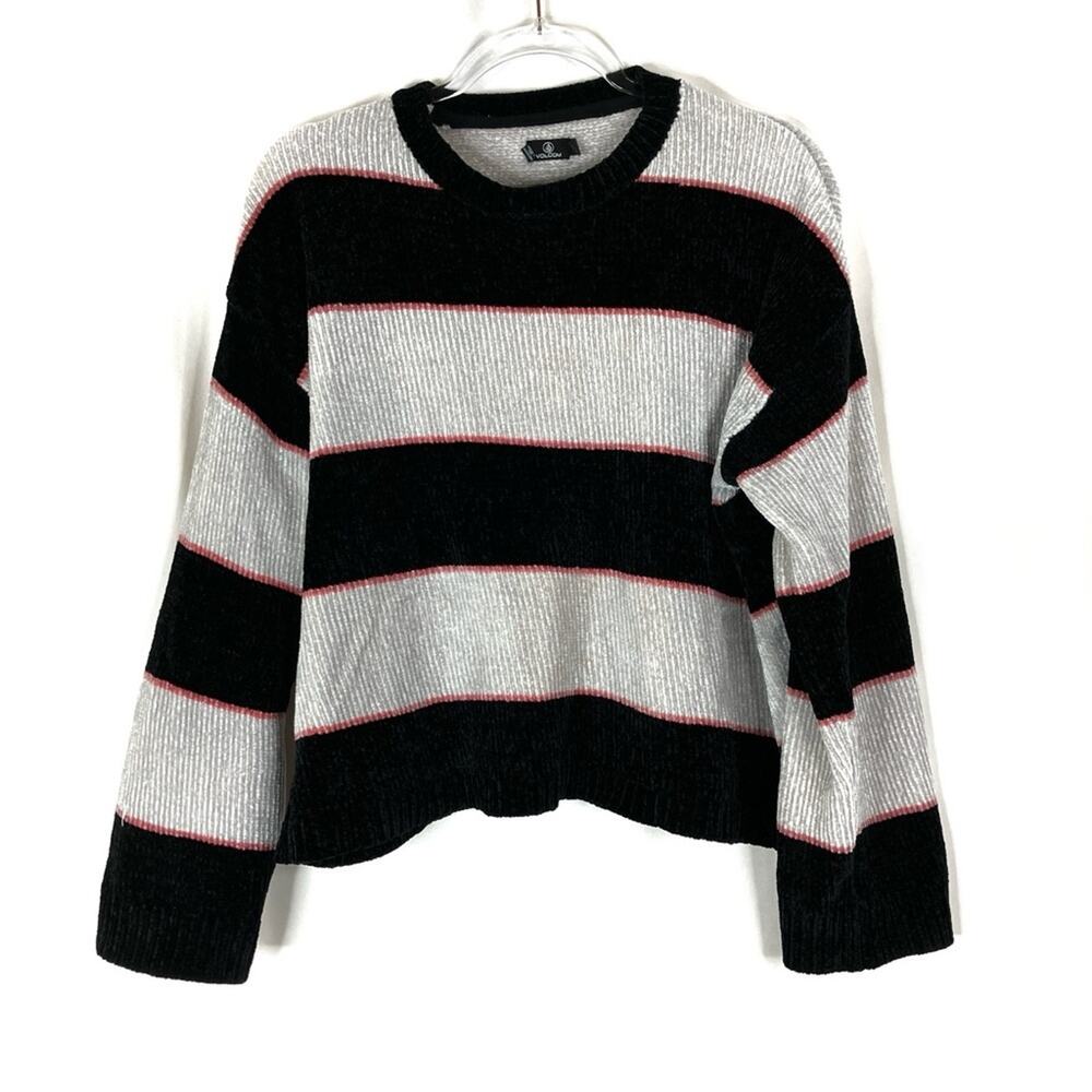 Volcom | Striped Polyester Black Gray Pink Stripe Pullover Sweater Womens Medium